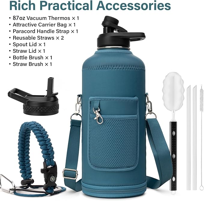 Insulated Water Bottle | Thickened Stainless Steel for Gym and Hiking with Straw, Carrier Bag, Handle Strap | BPA-Free 87 oz-FlexoryFit