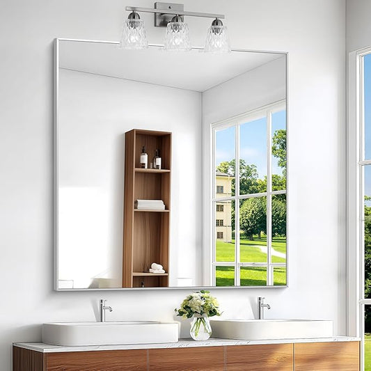 Silver Bathroom Mirror,48x48 inch Wall Mirror for Bathroom Wall Mounted,Large Rectangle Mirror for Bathroom Over Sink,Modern Metal Frame for Living Room,Bedroom Entryway,Horizontal/Vertical