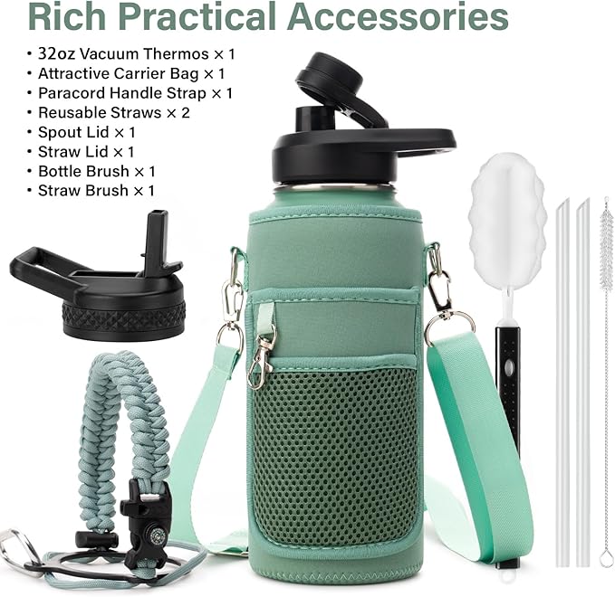 Insulated Water Bottle | Thickened Stainless Steel Vacuum Metal | Portable Sports Water Jug for Gym and Hiking with Straw, Carrier Bag, Handle Strap | BPA-Free 32 oz-FlexoryFit