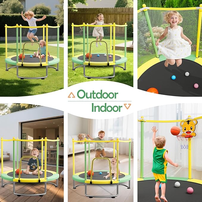 Kids Trampoline with Safety Net – 440lbs Capacity, Upgraded Rust-Proof Ring Legs, Adjustable Gymnastics Bar & Toys – Indoor Outdoor Toddler Trampoline for Boys & Girls Ages 1-8-FlexoryFit