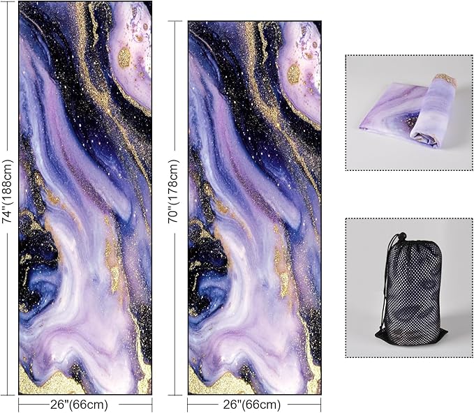 QIYI Large Yoga Mat Towel with Corner Pockets, Non Slip Sweat Absorbent Hot Yoga Towels, Soft Yoga Blankets with Travel Bag, Skidless Mat Cover for Workout, Gym, Fitness - 74"x26", Purple & Pink Grain-FlexoryFit