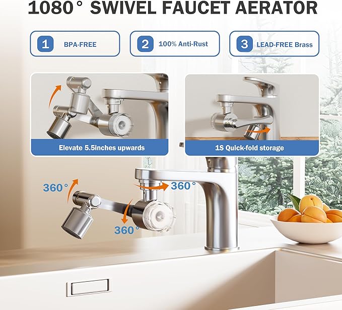 Dreamwills Splash-Proof Sink Faucet Extender With Filter, Reduce 99% Heavy Metal, 1080° Swivel Tap Aerator,2 Modes Spray Attachment, Soften For Bathroom Face Wash, Sensitive Skin(8pcs Extra Filter)