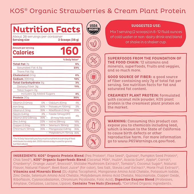 KOS Organic Plant Based Protein Powder - Strawberries & Cream - 28 Serving-FlexoryFit