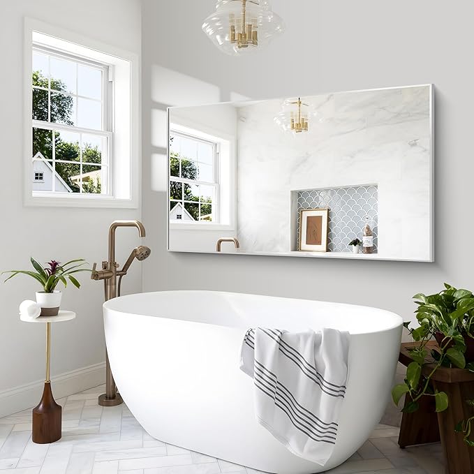 Silver Bathroom Mirror,60x36 inch Wall Mirror for Bathroom Wall Mounted,Large Rectangle Mirror for Bathroom Over Sink,Modern Metal Frame for Living Room,Bedroom Entryway,Horizontal/Vertical