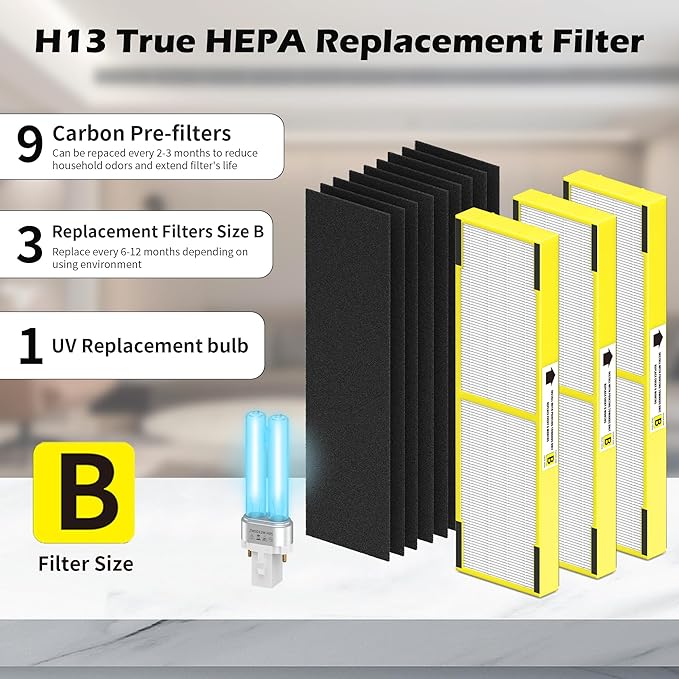3 Pack FLT4825 Filter B Replacement ＆ LB4000 Compatible with G-Guardian Filter B Purifier AC4825 AC4825E AC4300 AC4800 AC4900 AC4850, 3 HEPA Filters + 9 Carbon Filters+ 1 lb4000 uv Light Bulb