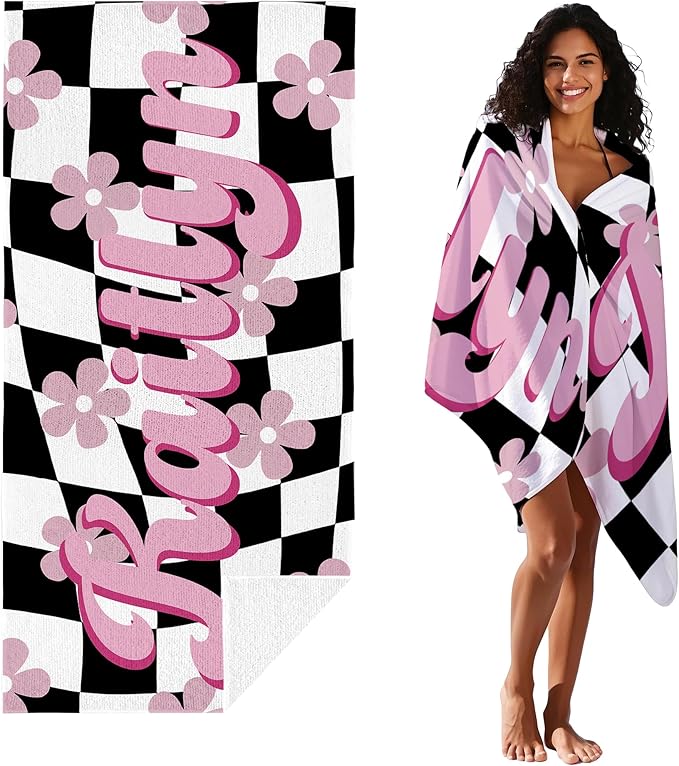 JML Personalized Beach Towel with Name, Custom Flower Beach Towel, Customized Microfiber Pool Towel, Quick Dry & Absorbent Swim Towel for Adult,Mother's Day, Birthday, Summer Holiday,Vacation-FlexoryFit
