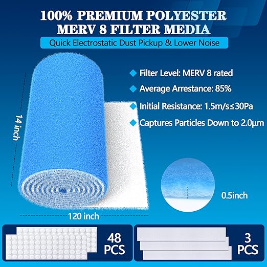 MERV 8 Air Vent Filters, 14" x 120"Cut to Fit Air Filter Material (70+ Filters),Electrostatic Triple Vent Filter for Floor, Ceiling, HVAC & RV Vents, Includes 48 Adhesive Hook Tape