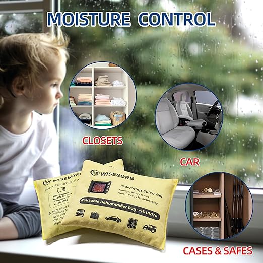 Rechargeable Gun Safe Dehumidifier, 6 Packs 16U Indicating Desiccant Packs with Transparent Window for Storage Reusable Silica Gel Packets Moisture Absorbers Safe Dehumidifier