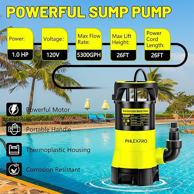 Submersible Water Pump 1HP 5300GPH High Flow Clean/Dirty Water Transfer Pump with Automatic Float Switch,26FT Long Cord,Sump Pump for Pool, Pond,Garden, Flooded Cellar, Aquarium and Irrigation