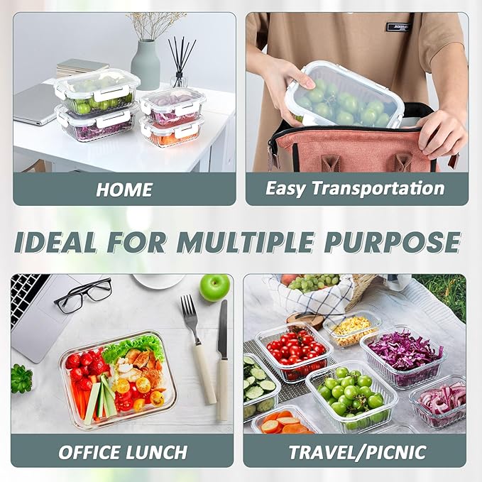 10 Packs Glass Food Storage Containers Set, Glass Meal Prep Containers with Lids, Airtight Lunch Containers, Microwave, Oven, Freezer and Dishwasher Safe, White-FlexoryFit