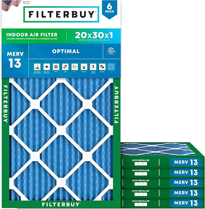 Filterbuy 20x30x1 Air Filter MERV 13 Optimal Smoke & Allergy Defense, by Filterbuy