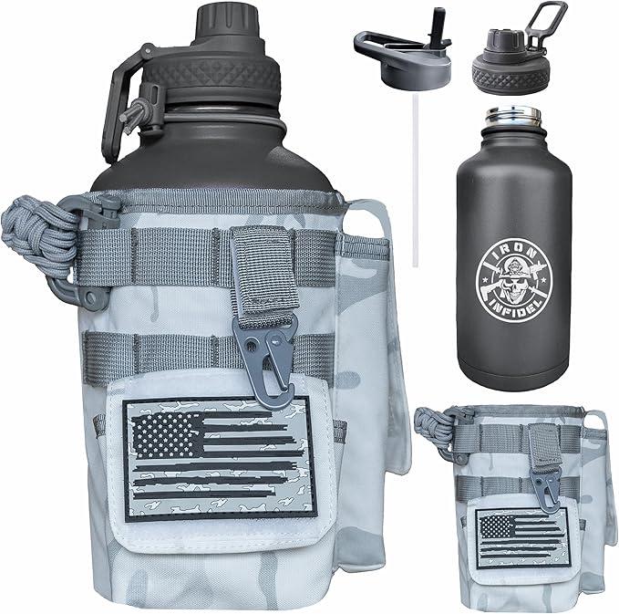 Iron Infidel Battle Bottle - Half Gallon Insulated Water Bottle with Paracord Handle, 64 oz Stainless Steel 2L Water Jug with Rugged, Removable Sleeve for Keys, Wallet, & Phone (Arctic Camo 2 Liter)-FlexoryFit
