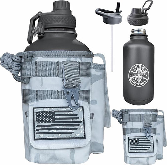 Iron Infidel Battle Bottle - Half Gallon Insulated Water Bottle with Paracord Handle, 64 oz Stainless Steel 2L Water Jug with Rugged, Removable Sleeve for Keys, Wallet, & Phone (Arctic Camo 2 Liter)-FlexoryFit