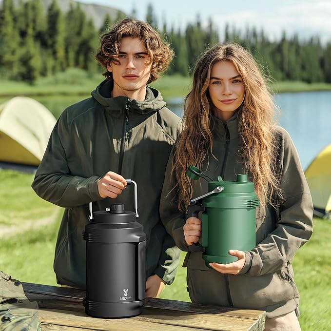 1 Gallon Insulated Water Bottle for Hiking: Meoky 128 oz Triple Wall Vacuum Stainless Steel Metal Water Jug - Top and Side Handles, Cold for 48 Hrs, 2-in-1 Straw and Spout Lid, Leakproof for Gym (Fir)-FlexoryFit
