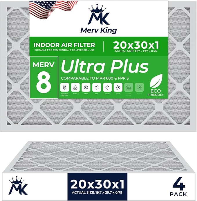 MervKing 20x30x1 Air Filter Actual Size: 19.7" x 29.7" x 0.75" MERV 8 MPR 600-700 | MADE IN USA | 4-Pack | Pleated HVAC AC Furnace Replacement