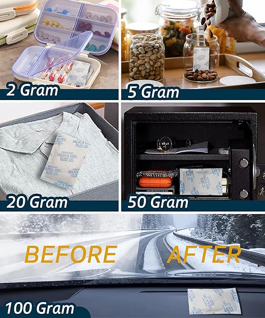 Premium 2 Gram 50 Pcs Desiccant Silica Gel Packets with Color Indicating - Rechargeable Moisture Absorbers for Food Grade Silica Packets for Foods, Seeds, 3D Filaments, Electronics, Safes