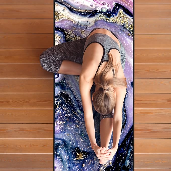 QiyI Yoga Mat Towel with Corner Pockets, Non Slip Sweat Absorbent Hot Yoga Towels, Soft Yoga Blankets with Travel Bag, Skidless Mat Cover for Workout, Gym, Fitness - 74"x26", Purple Gold Marble-FlexoryFit