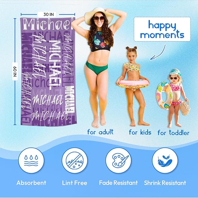 JML Personalized Beach Towel with Name, Custom Beach Towel with Name, Customized Microfiber Pool Towel, Quick Dry & Absorbent Swim Towel for Adult,Anniversary, Birthday, Summer Holiday,Vacation-FlexoryFit