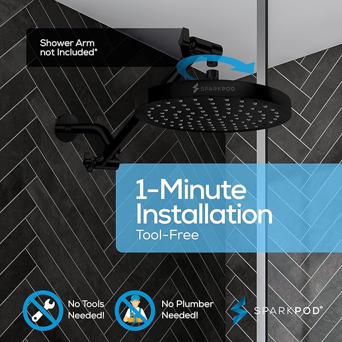 SparkPod Shower Head - High Pressure Rain - Premium Quality Luxury Design - 1-Min Install - Easy Clean Adjustable Replacement for Your Bathroom Shower Heads (Midnight Black Matte, 8 Inch Round)