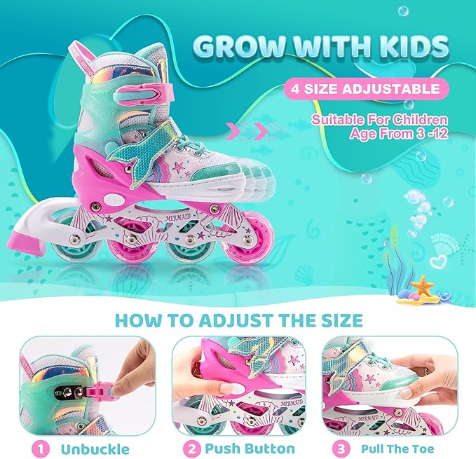 NEMONE Mermaid Inline Skates, 4 Sizes Adjustable Skates for Girls Kids with Light up Wheels, Indoor Beginner Outdoor for Kids Ages 4-6 5-8 6-12 8-12-FlexoryFit