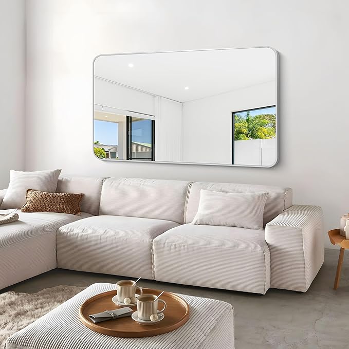Silver Bathroom Mirror,60x36 inch Wall Mirror for Bathroom Wall Mounted,Rectangle Mirror for Bathroom Over Sink,Modern Frame Round Corner for Living Room,Bedroom Entryway,Horizontal/Vertical-FlexoryFit