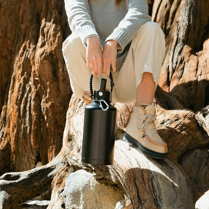 Insulated Water Bottle 64oz,Triple Wall Vacuum Stainless Steel(Dishwasher Safe),Leak Proof & Non-BPA,Flask Jug with Paracord Handle & Straw Spout Lids Sports-FlexoryFit