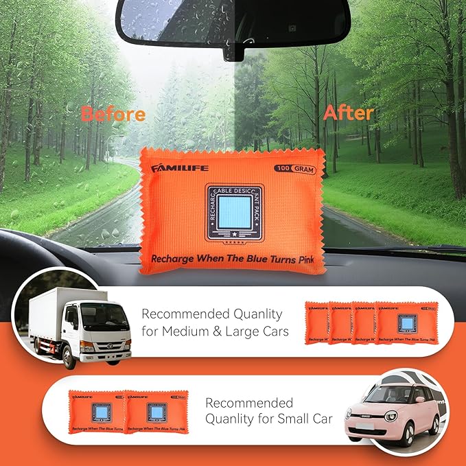 FAMILIFE 100g Rechargeable Desiccant Packs of 6, Reusable Dehumidifier Bags Color Indicating Silica Gel Packets Small Portable Moisture Absorbers for Storage Bins Car Closet Gun Safe Electronics