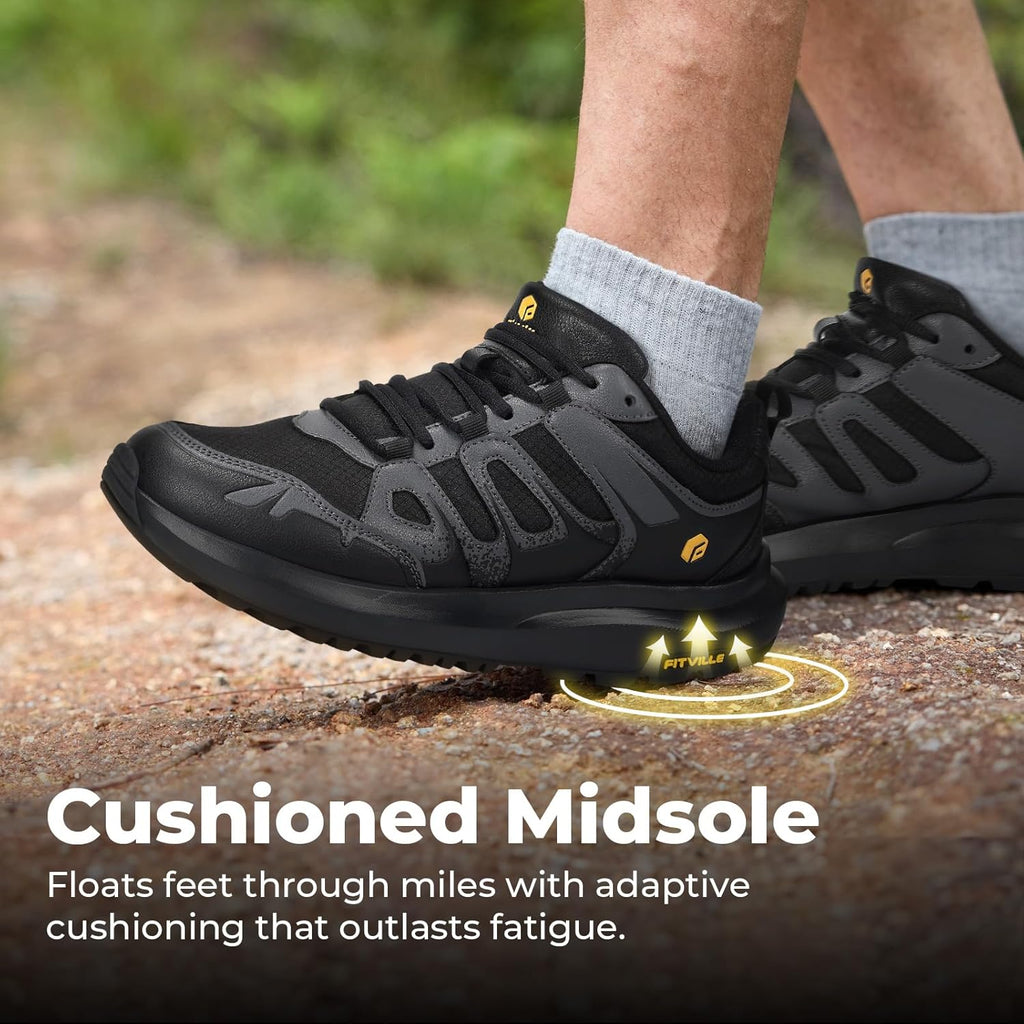 FitVille Men's Wide Hiking Shoes Water Repellent Trekking Trails Outdoor Sneakers Cushioned Lightweight Walking Running Shoes with Arch Support