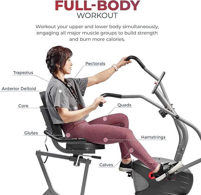 Sunny Health & Fitness Smart Recumbent Bike, Full-Body Home Training with Arm/Leg Exercisers, Indoor Cycling Workout Machine Plus Adjustable Seat & Bulit-in Pulse Sensors, Free SunnyFit App Connection-FlexoryFit