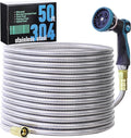 50FT 5/8'' Garden Hose, 304 Stainless Steel Water Hose, Flexible with a 10-Mode Nozzle Sprayer, No Kink, Lightweight, Puncture Proof Metal Hose, Ideal for Yard, Lawn, Outdoor