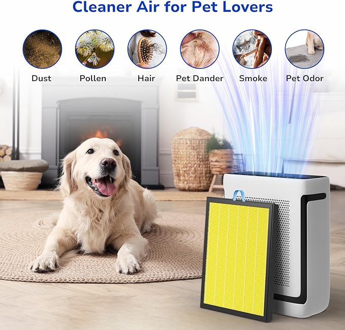 Fil-fresh Vital Replacement Filter, Compatible with LEVOIT Vital Air Purifier, 3-in-1 H13 True HEPA & Activated Carbon Pet Care Filter, Yellow, 2-Pack
