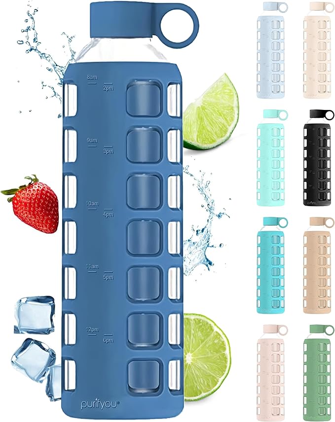 purifyou 40oz / 32oz / 22oz / 12oz Borosilicate Glass Water Bottle with Time & Volume Markers, Silicone Sleeve, Stainless Steel Lid – Reusable Glass Bottle for Water & Juice (32oz Chinese Porcelain)