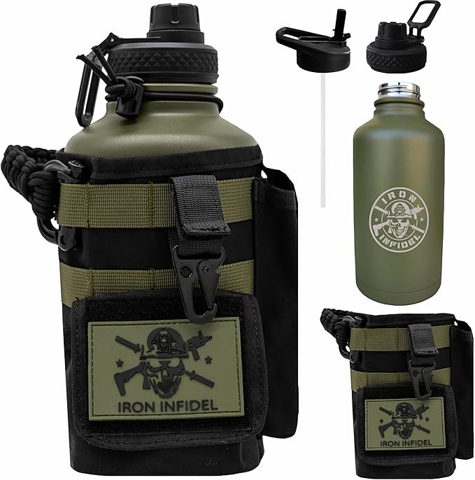 Iron Infidel Battle Bottle - Half Gallon Insulated Water Bottle with Paracord Handle, Large 64 oz Stainless Steel Water Jug with Rugged, Removable Sleeve for Keys, Wallet & Phone (Widowmaker 2L)-FlexoryFit