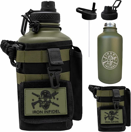 Iron Infidel Battle Bottle - Half Gallon Insulated Water Bottle with Paracord Handle, Large 64 oz Stainless Steel Water Jug with Rugged, Removable Sleeve for Keys, Wallet & Phone (Widowmaker 2L)-FlexoryFit