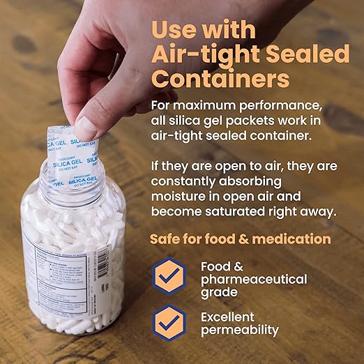 Wallaby 2 gram (250 Packets) Food Safe Pure White Silica Gel Desiccant Dehumidifier Packs - Rechargeable & Coated Moisture Absorbers - Protects Against Moisture Damage - (Packed in 50x Sets of 5)