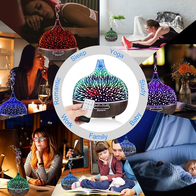 Essential Oil Diffuser 550ml Cool Mist Humidifier 3D Glass Ultrasonic Aromatherapy Humidifier with 7 Color Changing Led Lights, Waterless Auto Shut-Off, Adjustable Timer for Home Bedroom Office