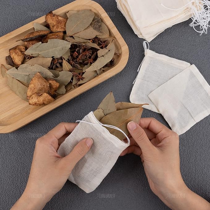AUEAR, 50 Pack Reusable Drawstring Cotton Soup Bags Spice 3 x 4 Inch Tea Filter Coffee Brew Herb Muslin Cheesecloth for Straining