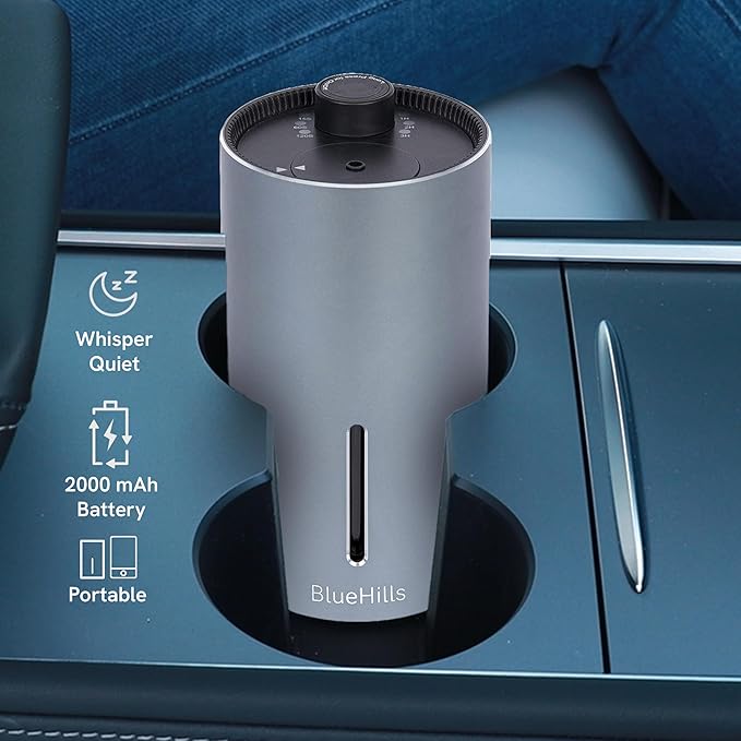 BlueHills Waterless Diffuser Cordless Car Essential Oil Aroma for Essential Oils Large Room Portable USB Travel Hotel Home Long Run Timer Compact Battery-Operated Small Diffusers - J02 Silver Gray