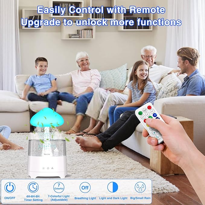 Diffuserlove Rain Diffuser Cloud Humidifier 450ML Diffuser Water Drip Waterfall Lamp Mushroom Humidifier