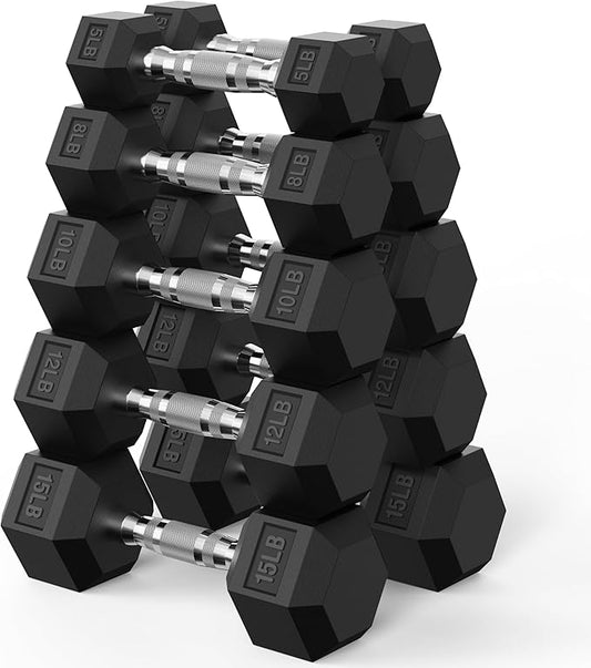 PAPABABE Hex Dumbbell Set 45-550 lb, Rubber Encased Home Gym Dumbbells, Weights Dumbbells for Women & Men, Hand Weight for Strength Training-FlexoryFit