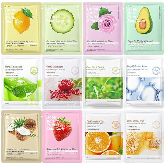 12 Pack Face Masks Skincare, Hydrating Face Masks for Women Skin Care Sheet Face Mask for Kids Teens Girls, Face Sheet Mask for All Skin Types, Skincare Set Gift Spa Party Favors for Girls Teens Women-FlexoryFit