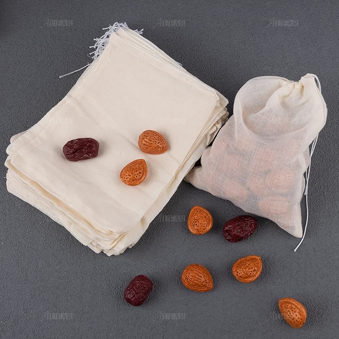 AUEAR, 50 Pack Reusable Drawstring Cotton Soup Bags Spice 6 x 8 Inch Tea Filter Coffee Brew Herb Muslin Cheesecloth for Straining