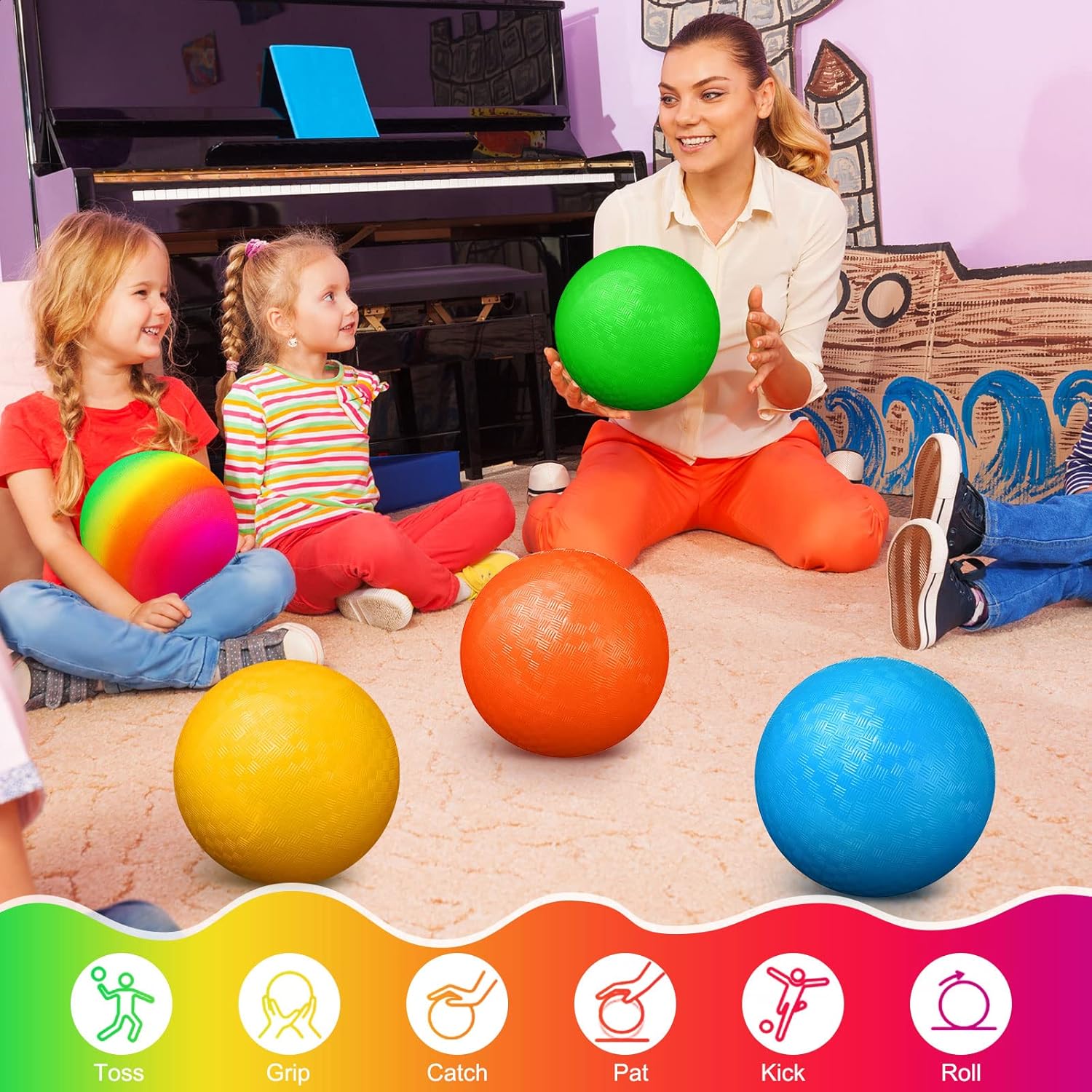 Vinsot 12 Pack 8.5 Inch Playground Balls Kickball Bulk, Bouncy Balls for Kids Inflatable Bouncing Handball with Hand Pump for Indoor Outdoor Games