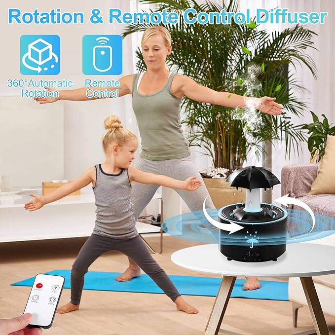 Raindrop Humidifier, Small Rotatable Aromatherapy Diffuser Air Humidifier, Desktop Diffuser with 7 Color Night Ligh and Timing for Bedroom, Rain Sound to Help Sleep, Gift for Family Friends (Black)