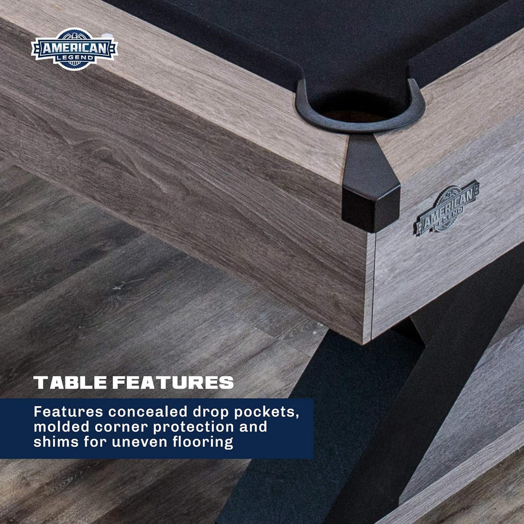 American Legend Kirkwood 90” Billiard Table with Rustic Finish, K-Shaped Legs and Black Cloth, Brown
