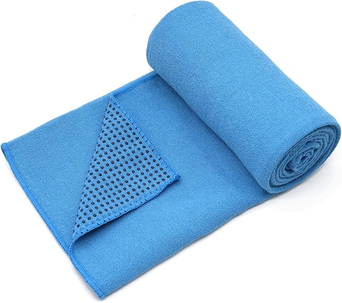 Eunzel Yoga Towel,Hot Yoga Mat Towel with Grip Dots Sweat Absorbent Non-Slip for Hot Yoga, Pilates and Workout 24" x72", Blue-FlexoryFit