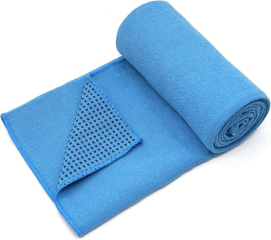 Eunzel Yoga Towel,Hot Yoga Mat Towel with Grip Dots Sweat Absorbent Non-Slip for Hot Yoga, Pilates and Workout 24" x72", Blue-FlexoryFit