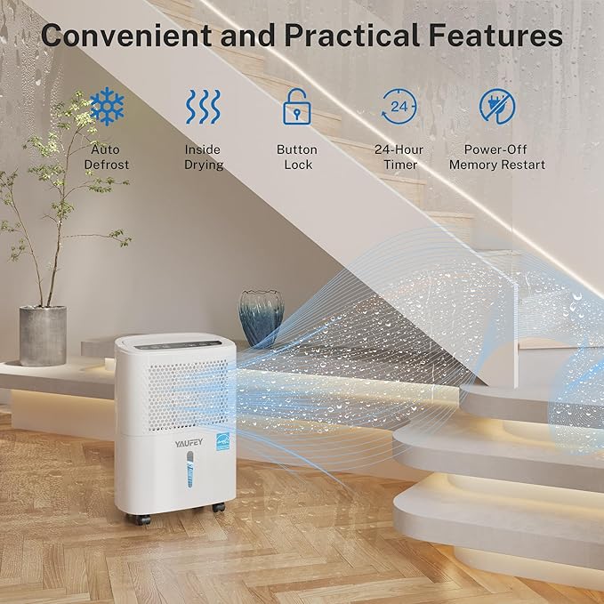 Yaufey 2025 Most Efficient Energy Star Dehumidifier for 2,000 Sq. Ft. Home, Basement and Large Room - Powerful, Quiet with Humidity Control, Timer, Drain Hose and Water Tank