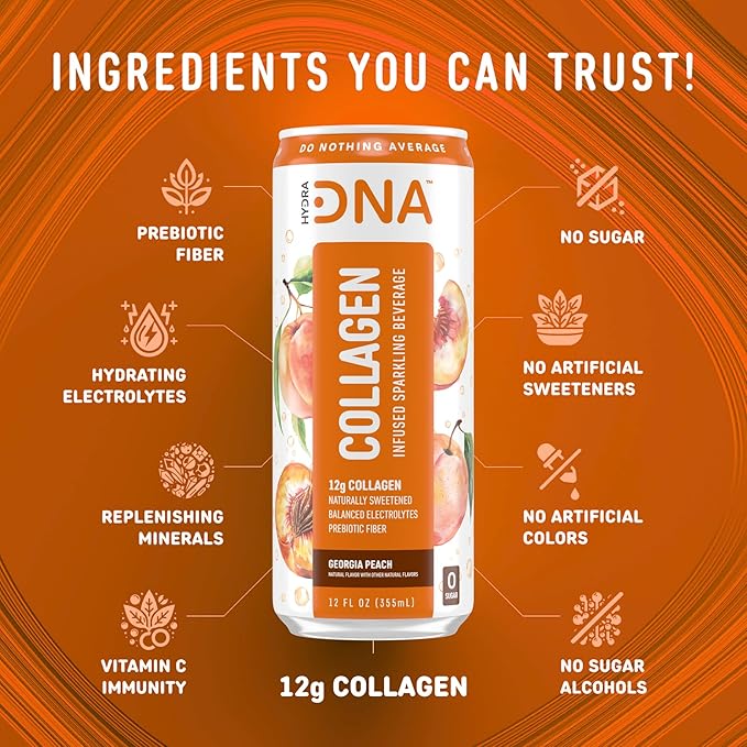 HYDRADNA- Sparkling Liquid Collagen Protein Water Drink Balanced Nutrients for Wellness - Sugar-Free - Keto-Friendly - No Gluten (12 Pack) Georgia Peach-FlexoryFit