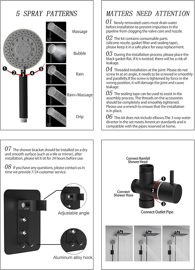 Shower Heads with Handheld Spray Combo 10" Matte Black High Pressure Rain Shower Head 11" Adjustable Extension Arm and 5 Settings Adjustable SUS 304 Handheld Showers, Shower Head Rainfall